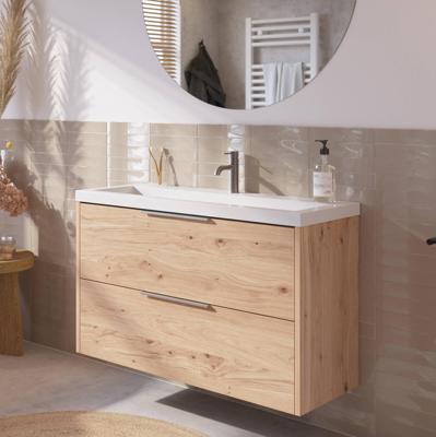 Saqu Lima voorgemonteerd ondiep badmeubel met rvs greep incl. wastafel 100x40cm naturel eiken