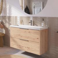 Saqu Lima voorgemonteerd ondiep badmeubel met rvs greep incl. wastafel 100x40cm naturel eiken - thumbnail