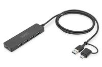 DIGITUS Slim Line 4-poorts USB 3.0 Hub - 4x USB-A - 1x USB-C voedingsaansluiting - tot 5 Gbps - incl. USB-A naar USB-C adapter - 1,2m snoerlengte - zwart - thumbnail