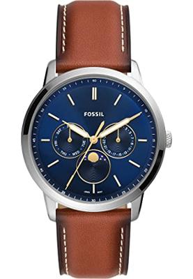 Fossil FS5903 Horloge Neutra Minimalist staal-leder zilverkleurig-blauw-bruin 42 mm