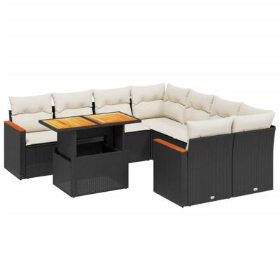 9-delige Loungeset met kussens poly rattan acacia zwart