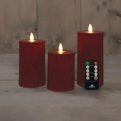 Anna&apos;s Collection LED kaars flame effect ribbel set 7.5 cm bordeaux 3 stuks