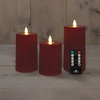 Anna&apos;s Collection LED kaars flame effect ribbel set 7.5 cm bordeaux 3 stuks - thumbnail