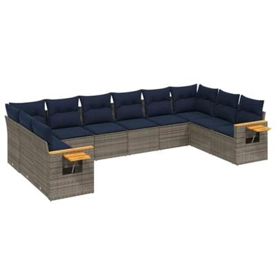 10-delige Loungeset met kussens poly rattan grijs