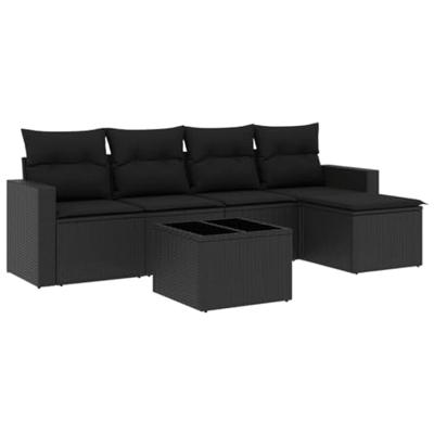 6-delige Loungeset met kussens poly rattan zwart