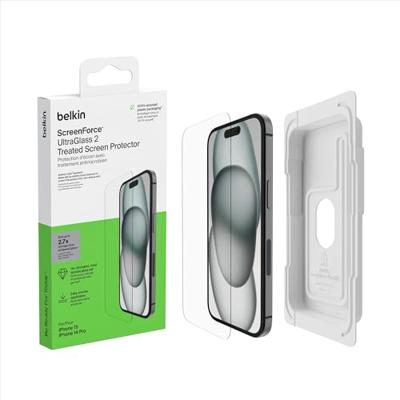 Belkin ScreenForce UltraGlass 2 antimicrobiële screenprotector voor iPhone 15, kraswerend, slim vormgegeven glas met een hardheid van 9H, met bevestigingsframe voor luchtbelvrij aanbrengen