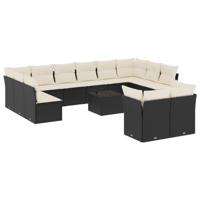 12-delige Loungeset met kussens poly rattan zwart - thumbnail