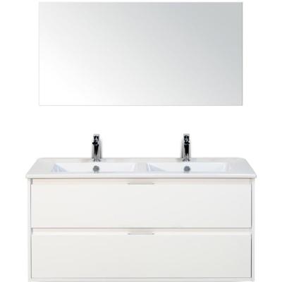 Porto Badmeubelset 120 cm - 2 Laden Wit Hoogglans - Keramische Wastafel Wit Slim met Spiegel