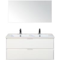 Porto Badmeubelset 120 cm - 2 Laden Wit Hoogglans - Keramische Wastafel Wit Slim met Spiegel - thumbnail