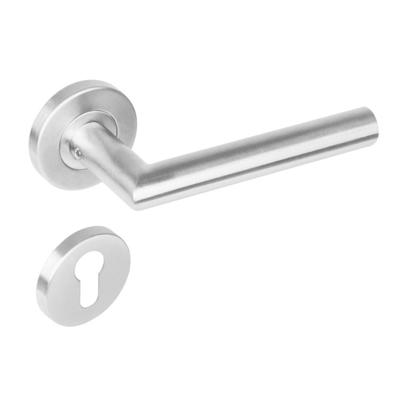 Deurkruk 1272 rechte Hoek 90°op rond rozet staal met 7mm nok met profielcilindergat plaatjes RVS