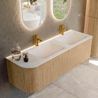 Mondiaz KURVE 145 cm Onderkast Greeploos 1 Lade Met Deuren Oak, Wastafel Solid Surface Rechts Talc 2 Kraangaten Zonder Spiegel (KRVCLO145L1L1D2KD-Oak/Tal) - thumbnail