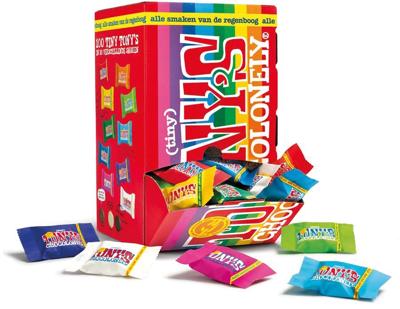 Tony's Chocolonely mini chocoladereep, 900g, doos van 100 stuks apart verpakt, mix