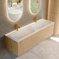 Mondiaz KURVE 150 cm Onderkast Greeploos 2 Lades Zonder Deuren Oak, Wastafel Solid Surface Dubbel Talc 2 Kraangaten Zonder Spiegel (KRVBGS1502L0D2KD-Oak/Tal) - thumbnail