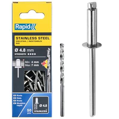 Rapid RVS Blindklinknagels Ø 4.8x10mm + boor in blister (50 stuks)