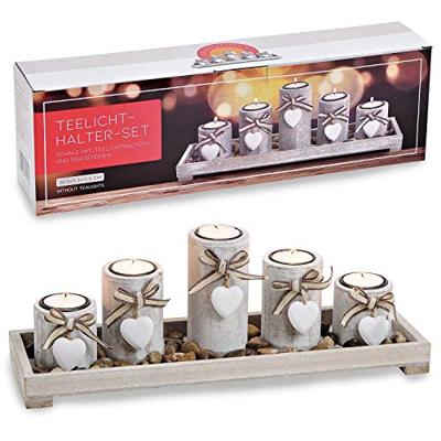 Set van 5 theelichthouders op dienblad met houten stenen, wit (B/H/D) 38x12x11 cm Set van 5 theelichthouders op dienblad met houten stenen, wit (B/H/D) 38x12x11 cm