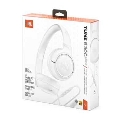 JBL Tune 530 C Comfort Fit bedrade on-ear koptelefoon met microfoon, JBL Pure Bass-geluid, EQ-presets, USB-C-connectiviteit, opvouwbaar ontwerp en knoopresistente kabel, wit