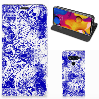 Mobiel BookCase LG V40 Thinq Angel Skull Blauw Mobiel BookCase LG V40 Thinq Angel Skull Blauw