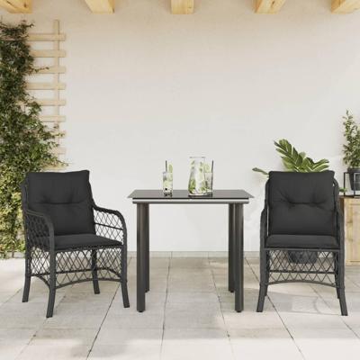 3-delige Bistroset met kussens poly rattan zwart