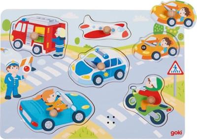 Goki houten noppenpuzzel voertuigen met geluid, 6st.
