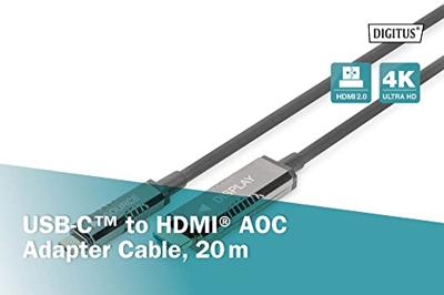 Digitus AK-330150-200-S HDMI-kabel HDMI / USB-C Aansluitkabel HDMI-A-stekker, USB-C stekker 20 m Zwart 4K UHD, Aluminium-stekker, Flexibel, Afscherming