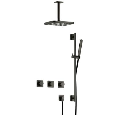Hotbath Gal - Inbouw Regendoucheset - Geborsteld Gunmetal PVD - 2 Stopkranen - Thermostatisch - Plafondbuis 15 cm - Hoofddouche 220 mm - Staafhanddouche - Glijstang 900 mm - V02