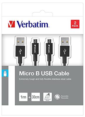 Verbatim Micro-USB - Synchronisatie- en oplaadkabel, set van 2, robuuste micro-USB-kabel, met knikbescherming, 100 cm + 30 cm - zwart