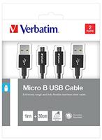 Verbatim Micro-USB - Synchronisatie- en oplaadkabel, set van 2, robuuste micro-USB-kabel, met knikbescherming, 100 cm + 30 cm - zwart - thumbnail