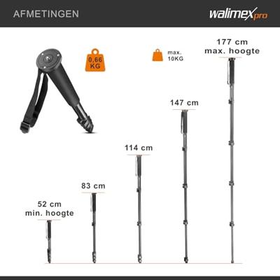 Walimex FT-1502 Pro Monopod 177cm - Stevig aluminium monopod - 10 kg draagvermogen - Fliplock snelsluitingen - Ideaal voor DSLR, DSLM en compacte camera's - Met polsband en tas