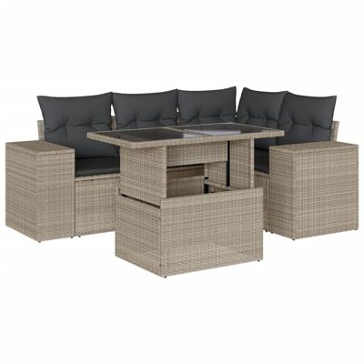 5-delige Loungeset met kussens poly rattan lichtgrijs