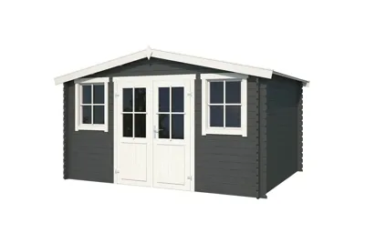 Outdoor Life Dallas Blokhut 396x312 cm 28 mm vuren Carbon Grey-Wit gecoat- Zadeldak- - Outdoor Life Outdoor Life Dallas Blokhut 396x312 cm 28 mm vuren Carbon Grey-Wit gecoat- Zadeldak- - Outdoor Life