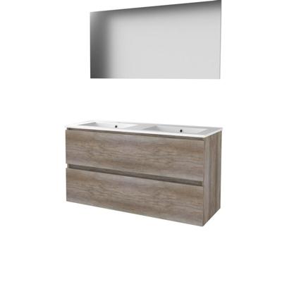 Basic-Line Basic 46 Badkamermeubelset - 120 x 46 cm - Greeploos - 2 Lades - Keramische Wastafel - 2 Kraangaten - Spiegel - Scotch Oak