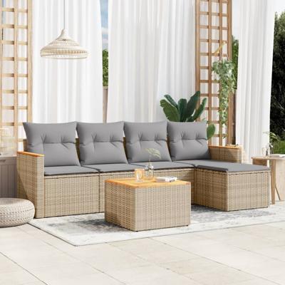 5-delige Loungeset met kussens poly rattan beige