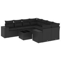 9-delige Loungeset met kussens poly rattan zwart - thumbnail