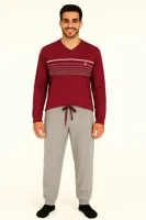 M.E.Q. Heren pyjama lange mouwen katoen - V-hals - Rood - 3XL - 3XL - thumbnail