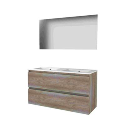Basic-Line Ultimate 46 Badkamermeubelset - 120 x 46 cm - Greeploos - 2 Lades - Keramische Wastafel - 2 Kraangaten - Spiegel met Indirecte LED Verlichting - Scotch Oak