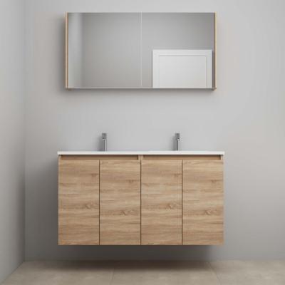 On-Line Badkamermeubelset - 120 cm - Bouwpakket - Greeploos 4 Deuren - Acryl Wastafel - 2 Kraangaten - Spiegelkast - Eiken