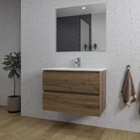 Adema Chaci Badkamermeubelset - 80x46x55cm - 1 keramische wasbak wit - 1 kraangat - 2 lades - rechthoekige spiegel - noten (hout) SW1212764/SW804531/SW724611 - thumbnail