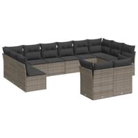 12-delige Loungeset met kussens poly rattan grijs - thumbnail