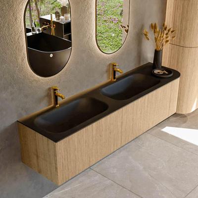 Mondiaz KURVE 175 cm Onderkast Greeploos 2 Lades Met Deuren Oak, Wastafel Solid Surface Links Urban 2 Kraangaten Zonder Spiegel (KRVBGS175R2L1D2KD-Oak/Urb)