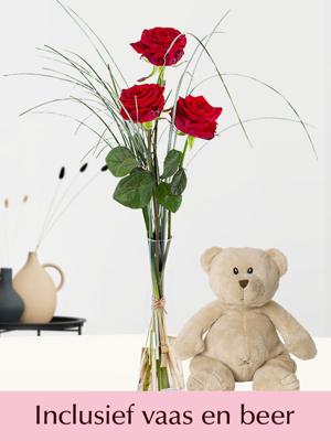 Drie rode rozen inclusief vaas en teddybeer 17 cm - Valentijnsdag
