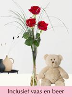 Drie rode rozen inclusief vaas en teddybeer 17 cm - Valentijnsdag - thumbnail
