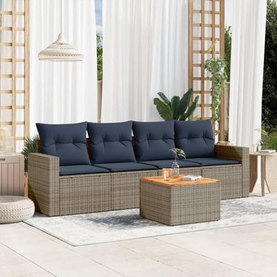 5-delige Loungeset met kussens poly rattan grijs