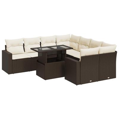 9-delige Loungeset met kussens poly rattan bruin