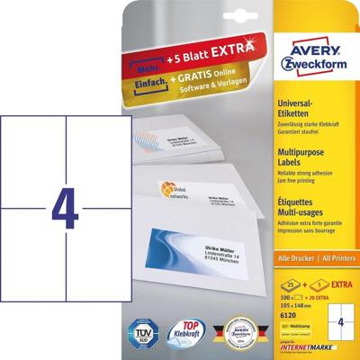 Avery Zweckform 6120, Universele etiketten, Ultragrip, wit, 25+5 vel, 4 per vel, 105 x 148 mm Avery Zweckform 6120, Universele etiketten, Ultragrip, wit, 25+5 vel, 4 per vel, 105 x 148 mm
