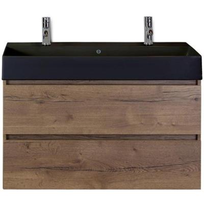 Maxx XL Badmeubelset 100 cm - Tabacco - Wastafel Kube Zwart 2 Kraangaten