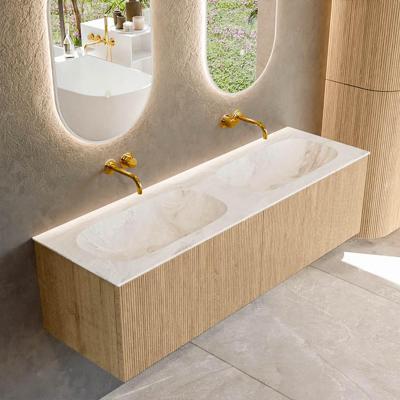 Mondiaz KURVE-DLUX 150 cm Onderkast Greeploos 2 Lades Zonder Deuren Oak, Wastafel Solid Surface Dubbel Frappe 0 Kraangaten Zonder Spiegel (KRVSTS1502L0D0KD-Oak/Fra)