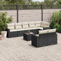 9-delige Loungeset met kussens poly rattan zwart - thumbnail