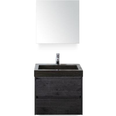 Dante Badmeubelset 60 cm - Black Oak - Wastafel Hardsteen Wit Lucca met Spiegelkast