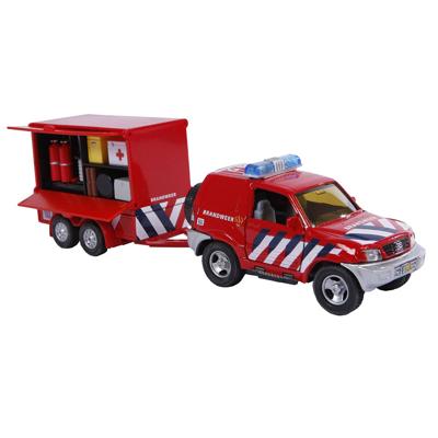 Die cast pull back brandweerauto met aanhangwagen