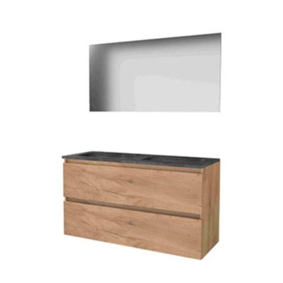 Basic-Line Basic 46 Badkamermeubelset - 120 x 46 cm - Greeploos - 2 Lades - Hardstenen Wastafel - Zonder Kraangat - Spiegel - Whisky Oak